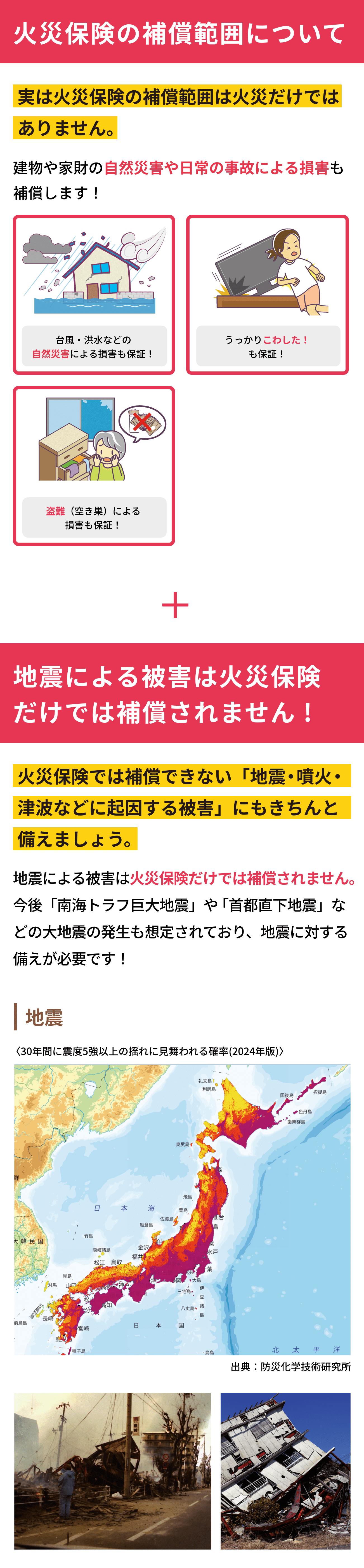 火災保険の補償範囲について 地震による被害は火災保険だけでは補償されません！