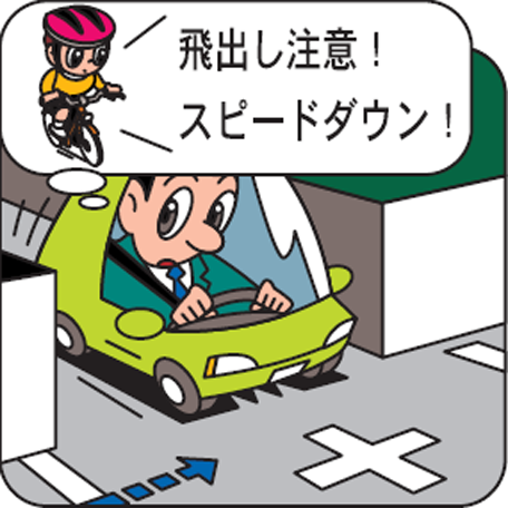 見通しの悪い交差点から自転車の飛び出しに備える